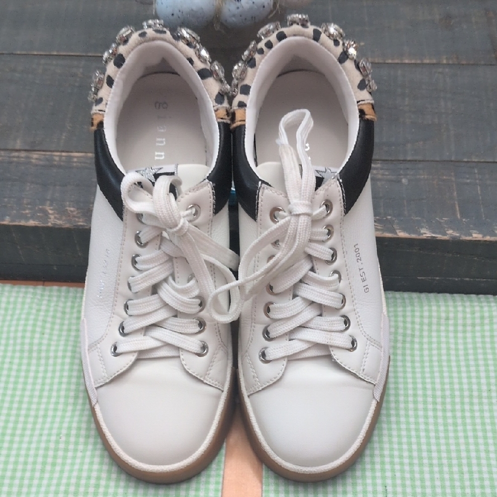 Gianni Bini White Leather Sneakers with Black Heel and Crystal Accents